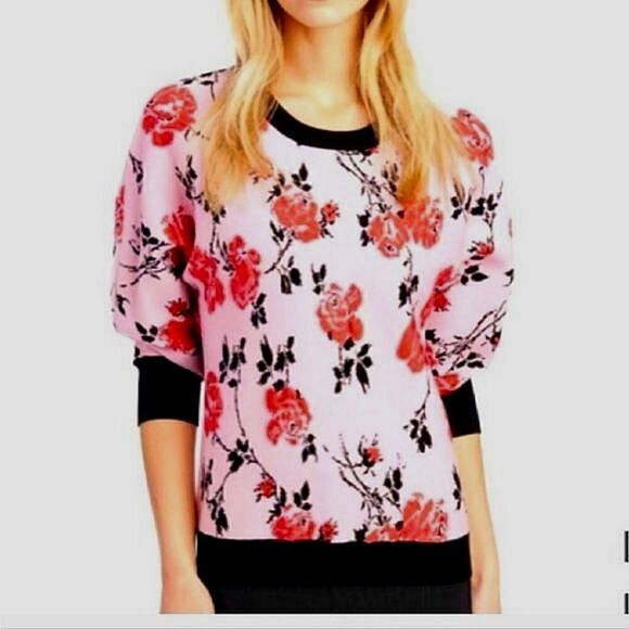 T Tahari Black Rose Parade Pink Petal Dolman Sleeve Sweater - Size Medium - Picture 1 of 13
